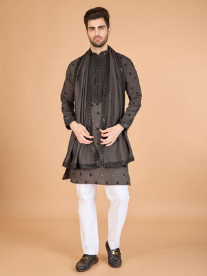 Rajwada Brown Viscose Silk Sequence Stitched Kurta For Men