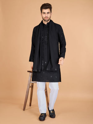 Rajwada Black Viscose Silk Sequence Stitched Kurta For Men
