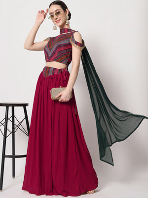 Rajwada Women Magenta Georgette Semi Stitched Lehenga With Unstitched Blouse