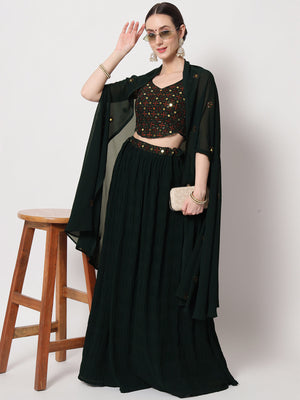 Rajwada Women Dark Green Georgette Semi Stitched Lehenga With Unstitched Blouse