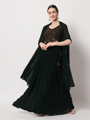 Rajwada Women Dark Green Georgette Semi Stitched Lehenga With Unstitched Blouse