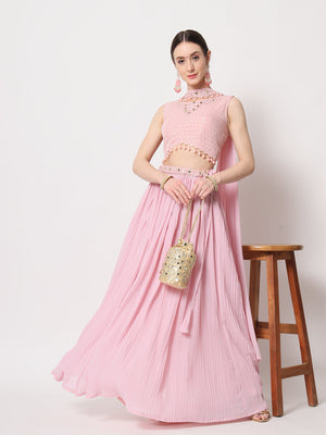 Rajwada Women Pink Georgette Semi Stitched Lehenga With Unstitched Blouse