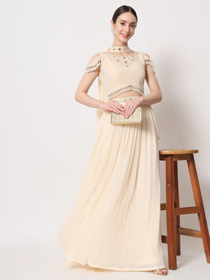 Rajwada Women Beige Georgette Semi Stitched Lehenga With Unstitched Blouse