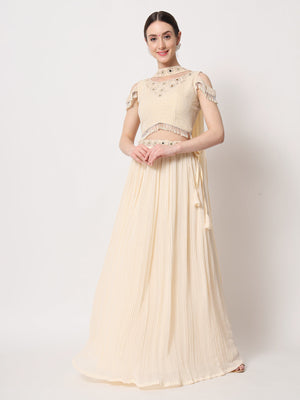 Rajwada Women Beige Georgette Semi Stitched Lehenga With Unstitched Blouse