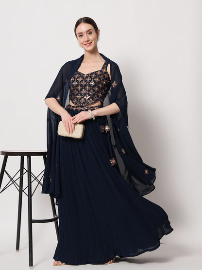 Rajwada Women Navy Blue Georgette Semi Stitched Lehenga With Unstitched Blouse