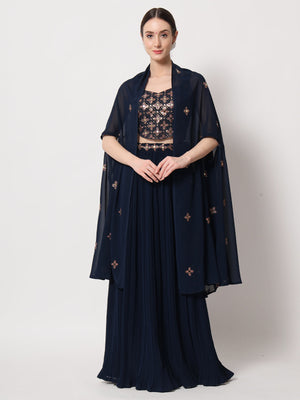 Rajwada Women Navy Blue Georgette Semi Stitched Lehenga With Unstitched Blouse