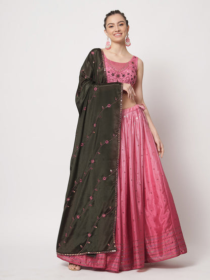 Rajwada - Modern Pink Chinon Silk Embellished Semi Stitched Lehenga with Unstitched Blouse