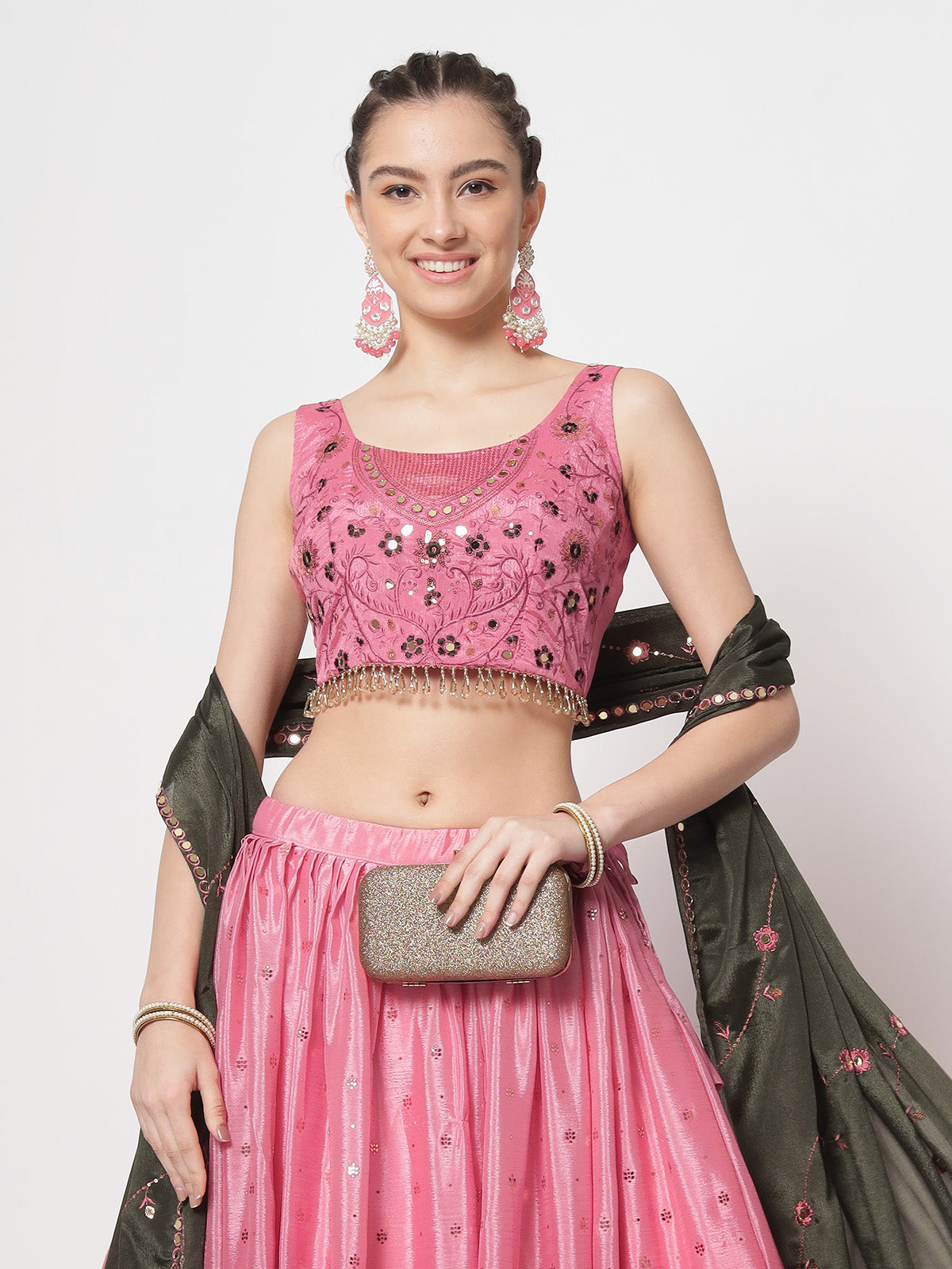 Rajwada - Modern Pink Chinon Silk Embellished Semi Stitched Lehenga with Unstitched Blouse
