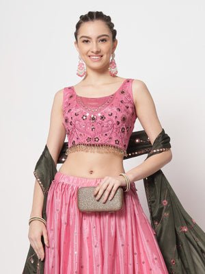 Rajwada - Modern Pink Chinon Silk Embellished Semi Stitched Lehenga with Unstitched Blouse