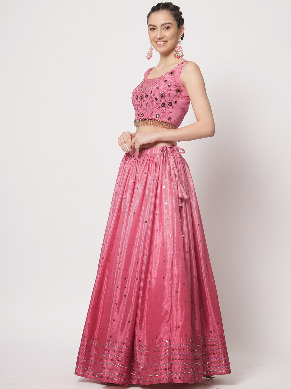 Rajwada - Modern Pink Chinon Silk Embellished Semi Stitched Lehenga with Unstitched Blouse