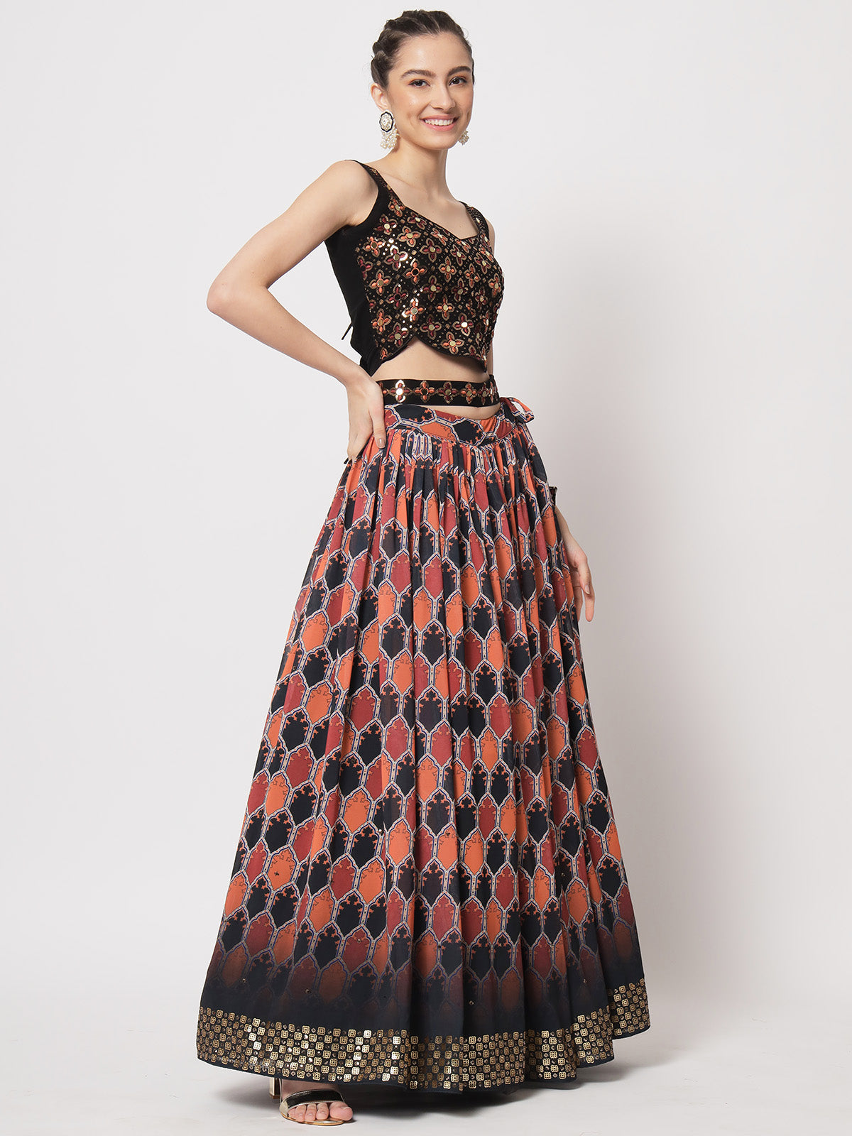 Rajwada - Stylish Multicolor Georgette Printed Semi Stitched Lehenga with Unstitched Blouse