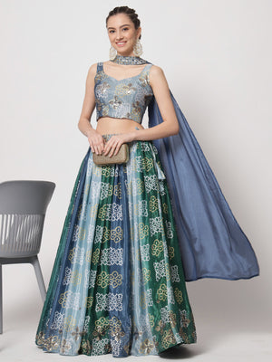 Rajwada - Classic Multicolor Chinon Silk Printed Semi Stitched Lehenga with Unstitched Blouse