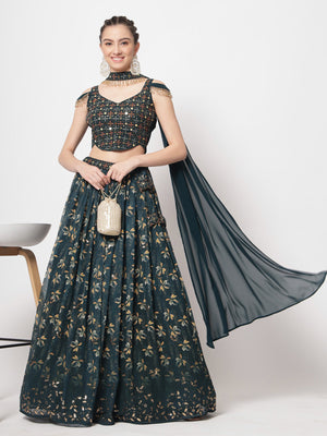 Rajwada - Designer Dark Green Georgette Printed Semi Stitched Lehenga with Unstitched Blouse