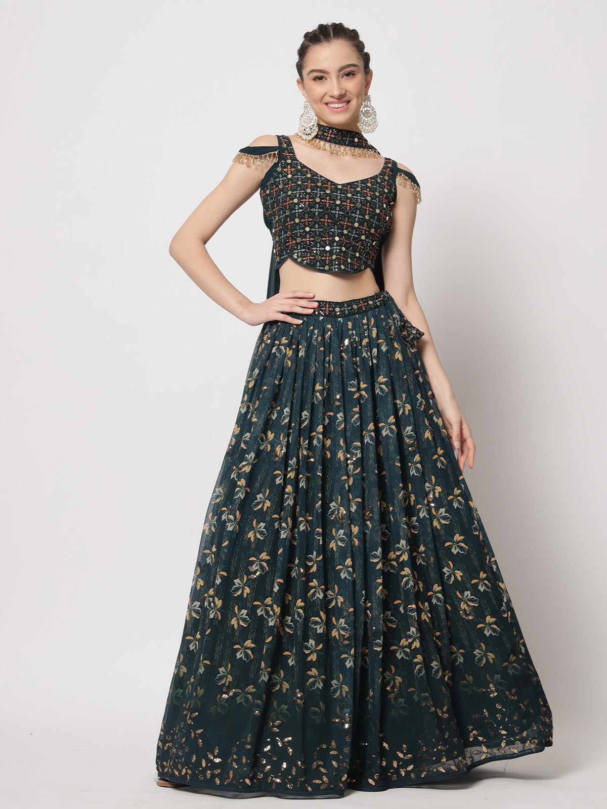 Rajwada - Designer Dark Green Georgette Printed Semi Stitched Lehenga with Unstitched Blouse
