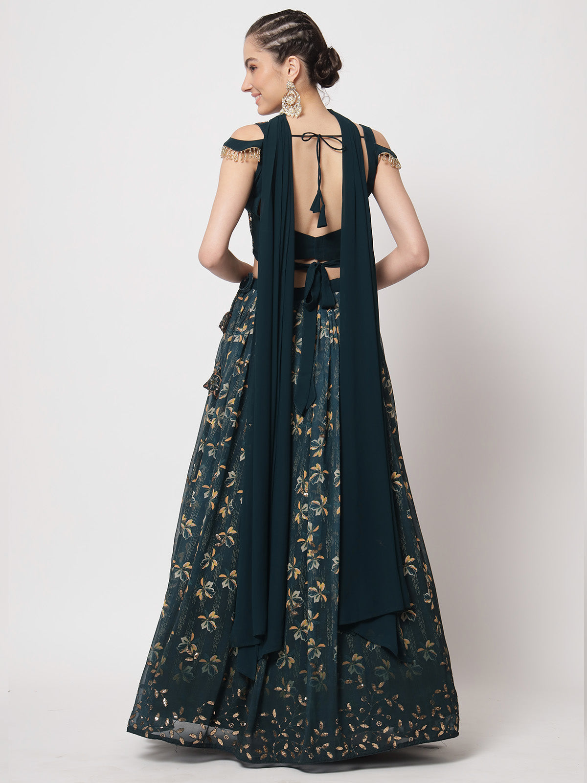 Rajwada - Designer Dark Green Georgette Printed Semi Stitched Lehenga with Unstitched Blouse