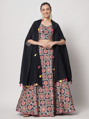 Rajwada - Beautiful Multicolor Chinon Silk Printed Semi Stitched Lehenga with Unstitched Blouse