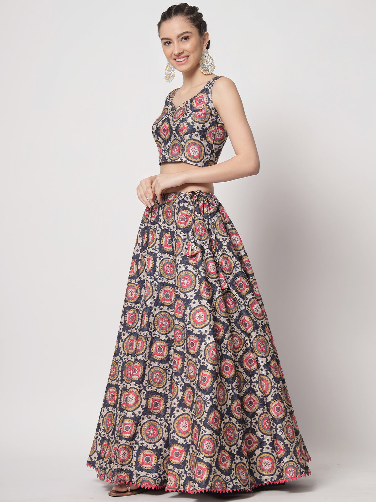 Rajwada - Beautiful Multicolor Chinon Silk Printed Semi Stitched Lehenga with Unstitched Blouse