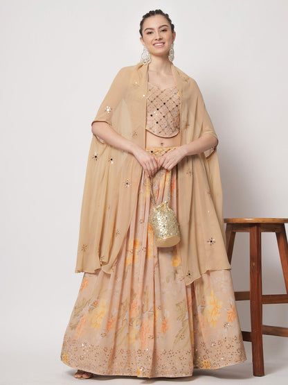 Rajwada - Stylish Beige Georgette Embellished Semi Stitched Lehenga with Unstitched Blouse