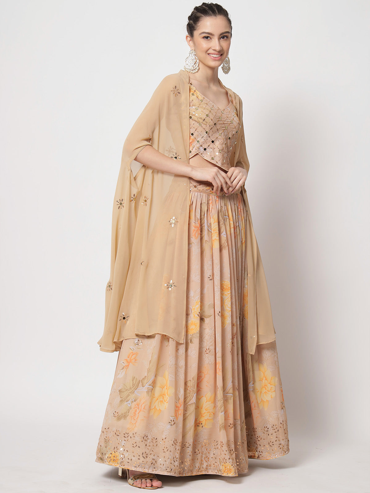 Rajwada -Stylish Beige Georgette Embellished Semi Stitched Lehenga with Unstitched Blouse