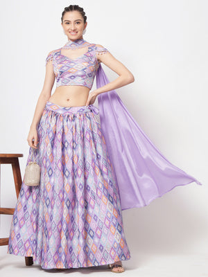 Rajwada - Classic Purple Chinon Silk Printed Semi Stitched Lehenga with Unstitched Blouse