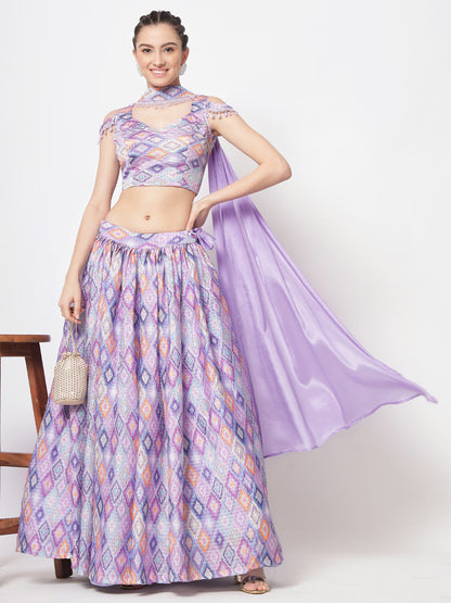 Rajwada - Classic Purple Chinon Silk Printed Semi Stitched Lehenga with Unstitched Blouse