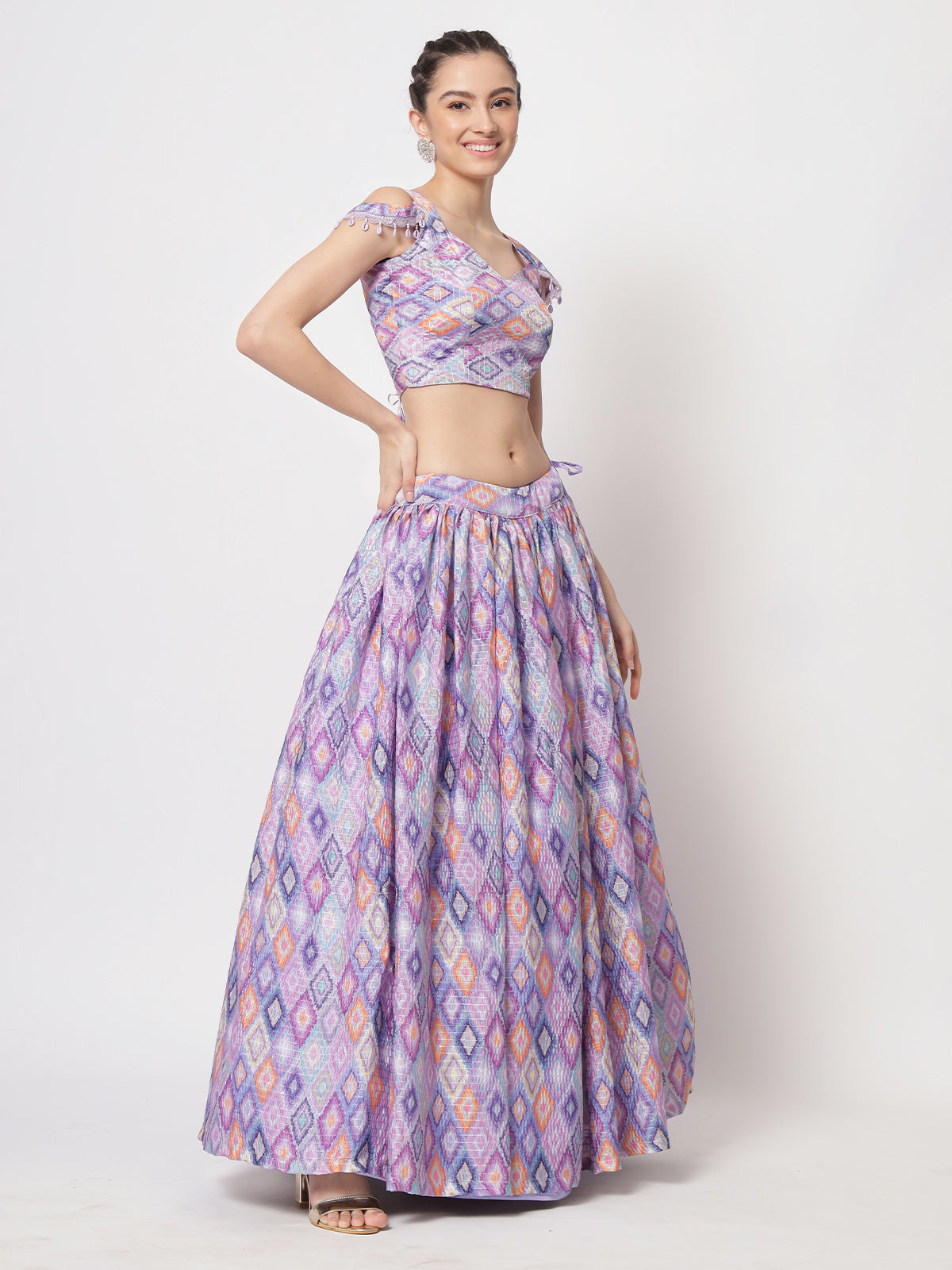 Rajwada - Classic Purple Chinon Silk Printed Semi Stitched Lehenga with Unstitched Blouse