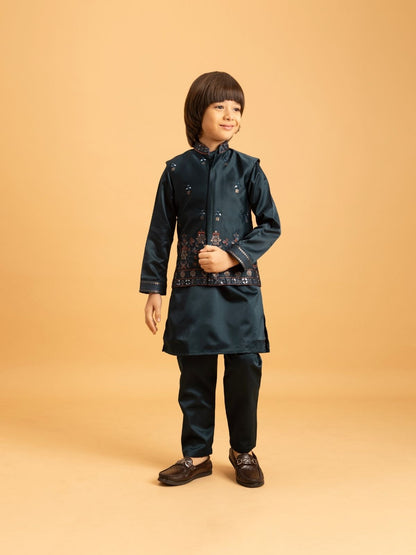 Rajwada Dark green Satin Embellished Stitched Kurta Set For Kids