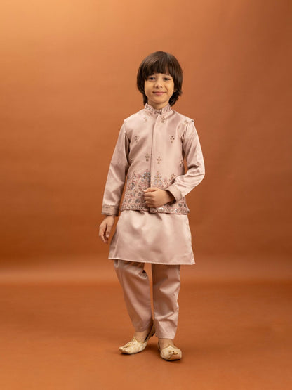 Rajwada Peach Satin Embellished Stitched Kurta Set For Kids