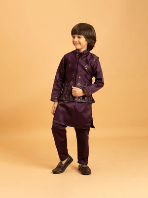 Rajwada Wine Satin Embellished Stitched Kurta Set For Kids