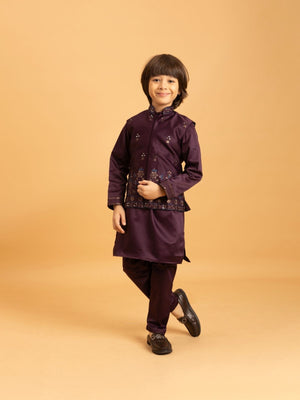Rajwada Wine Satin Embellished Stitched Kurta Set For Kids