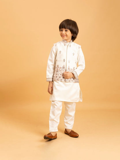 Rajwada White Satin Embellished Stitched Kurta Set For Kids