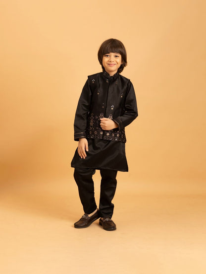Rajwada Black Satin Embellished Stitched Kurta Set For Kids