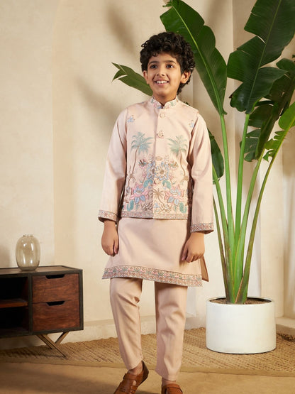 Rajwada Peach Viscose Silk Embellished Stitched Kurta Set For Kids