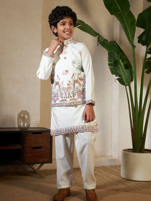 Rajwada White Viscose Silk Embellished Stitched Kurta Set For Kids