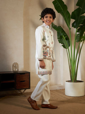 Rajwada White Viscose Silk Embellished Stitched Kurta Set For Kids