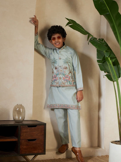 Rajwada Pista Green Viscose Silk Embellished Stitched Kurta Set For Kids