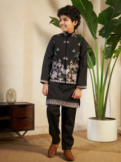 Rajwada Black Viscose Silk Embellished Stitched Kurta Set For Kids