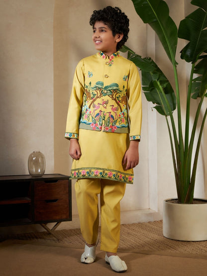 Rajwada Yellow Viscose Silk Embellished Stitched Kurta Set For Kids