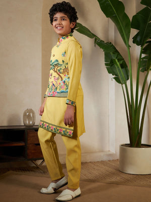 Rajwada Yellow Viscose Silk Embellished Stitched Kurta Set For Kids