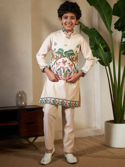 Rajwada Peach Viscose Silk Embellished Stitched Kurta Set For Kids