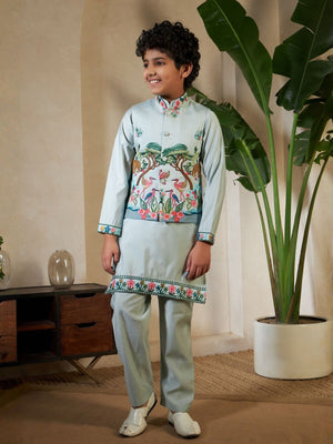 Rajwada Pista Green Viscose Silk Embellished Stitched Kurta Set For Kids