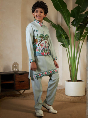 Rajwada Pista Green Viscose Silk Embellished Stitched Kurta Set For Kids