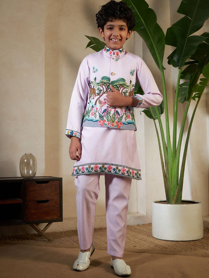 Rajwada Lavender Viscose Silk Embellished Stitched Kurta Set For Kids