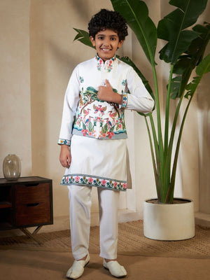 Rajwada White Viscose Silk Embellished Stitched Kurta Set For Kids