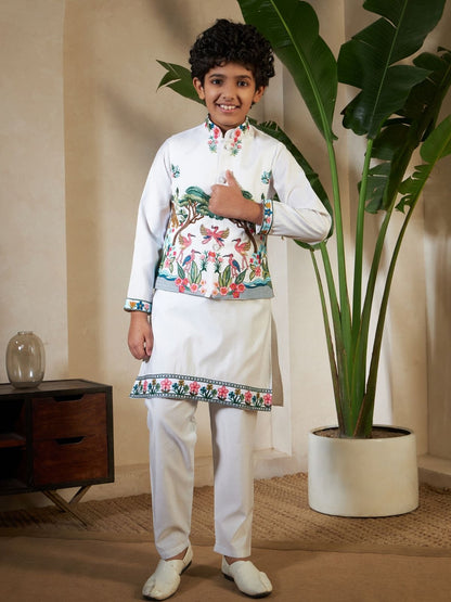 Rajwada White Viscose Silk Embellished Stitched Kurta Set For Kids