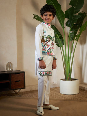 Rajwada White Viscose Silk Embellished Stitched Kurta Set For Kids