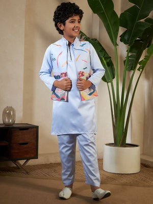 Rajwada Sky Blue Satin Embellished Stitched Kurta Set For Kids