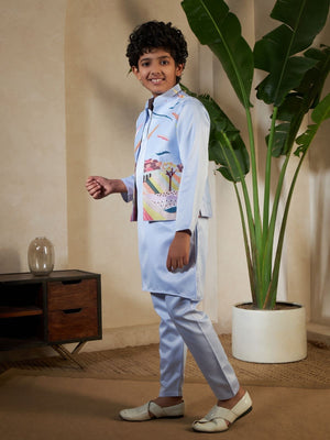 Rajwada Sky Blue Satin Embellished Stitched Kurta Set For Kids