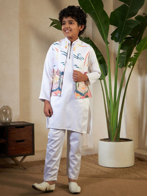 Rajwada White Satin Embellished Stitched Kurta Set For Kids