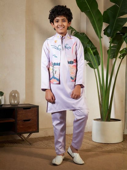 Rajwada Lavender Satin Embellished Stitched Kurta Set For Kids